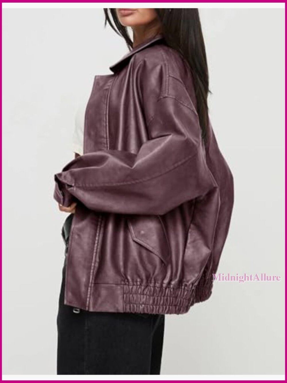 Oversized Faux Leather Motorcycle Jacket with Zipper Closure Long Sleeve - Picture 3 of 7